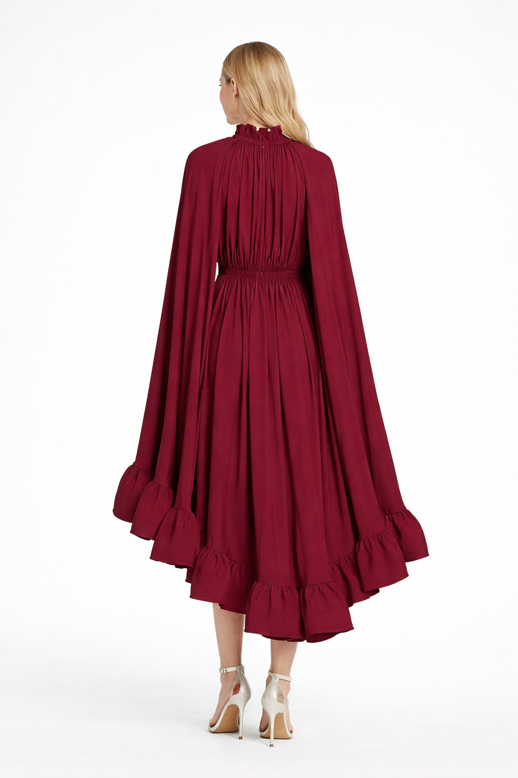 Women's Ruffle Cape Dress | ELSA Wine Red
