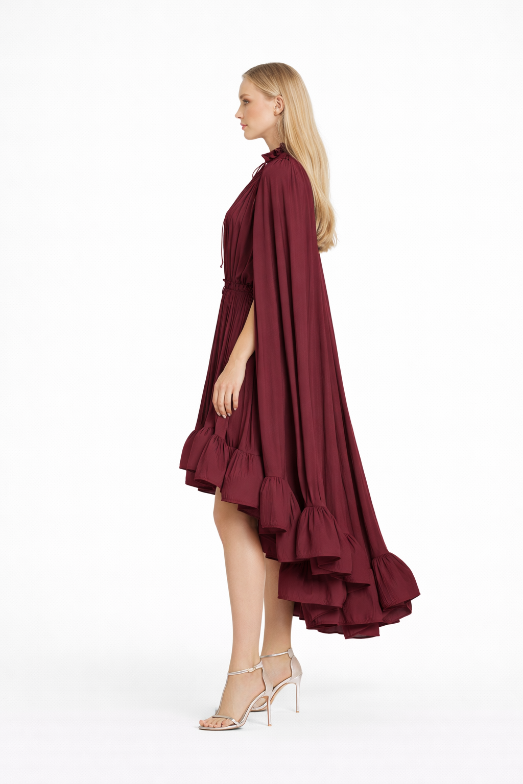 Women's Ruffle Cape Dress | ELSA Wine Red