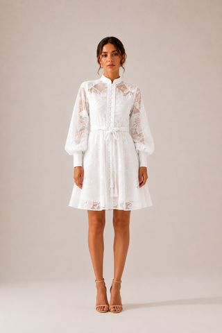White floral lace mini dress featuring intricate embroidered lace, sheer long sleeves, high neckline, detachable braided waist belt, coordinating slip dress, fit and flare silhouette, and concealed back zipper closure, perfect for bridal showers, engagement parties, courthouse weddings, white parties, graduations, vacations, and elegant summer occasions.