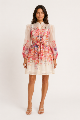 Romantic floral mini dress featuring a colorful pink and coral floral print, sheer long sleeves, high neckline, decorative front buttons, removable waist tie belt, fit and flare silhouette, and fully lined design, perfect for wedding guests, baby showers, garden parties, bridal showers, and elegant spring and summer occasions.zimmermann style inspired dupe