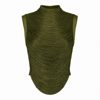Olive green fringe top and satin maxi skirt set, elegant wedding guest outfit, formal occasionwear co-ord, cocktail party ensemble, luxury evening look. Taraji Beaded Top