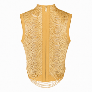 Gold mustard fringe top and satin maxi skirt set, elegant wedding guest outfit, luxury cocktail ensemble, formal occasionwear co-ord, modern evening look.