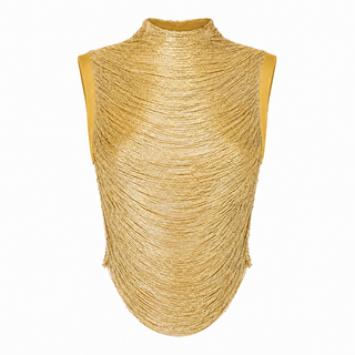 Gold mustard fringe top and satin maxi skirt set, elegant wedding guest outfit, luxury cocktail ensemble, formal occasionwear co-ord, modern evening look.