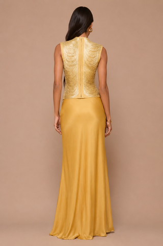 Gold mustard fringe top and satin maxi skirt set, elegant wedding guest outfit, luxury cocktail ensemble, formal occasionwear co-ord, modern evening look.