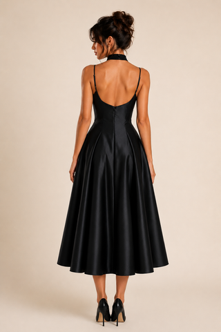 Woman wearing a black dress with a plain background