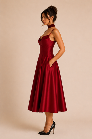 Red Midi A Line Dress Cocktail legant with Choker winered Vintage 1950s style Devil wears Prada 