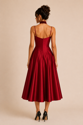 Red Midi A Line Dress Cocktail legant with Choker winered Vintage 1950s style Devil wears Prada 