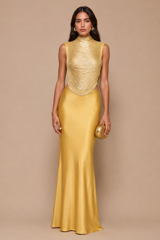 Gold mustard fringe top and satin maxi skirt set, elegant wedding guest outfit, luxury cocktail ensemble, formal occasionwear co-ord, modern evening look.Taraji Beaded Top Dupe similar