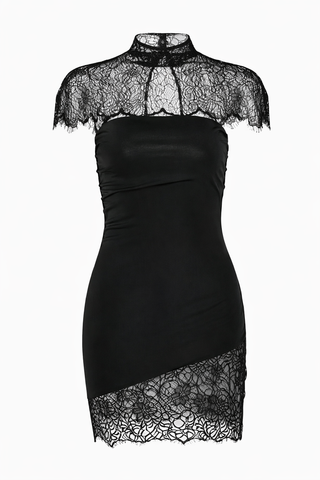 Black dress with lace detailing on a white background