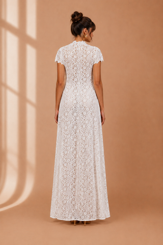 Ivory lace two piece set with asymmetrical lace top and wide leg lace trousers, elegant bridal outfit, modern wedding alternative, luxury lace occasion wear.