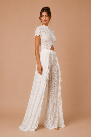 Ivory lace two piece set with asymmetrical lace top and wide leg lace trousers, elegant bridal outfit, modern wedding alternative, luxury lace occasion wear.