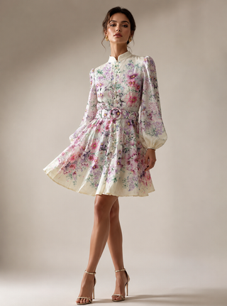 Romantic floral mini dress featuring a watercolor floral print in pink, lavender, lilac, and ivory tones, high neckline, long sleeves, matching waist belt, fit and flare silhouette, and flowing lightweight fabric, perfect for wedding guests, baby showers, bridal showers, garden parties, brunches, and elegant spring or summer occasions. Zimmermann style dress inspired