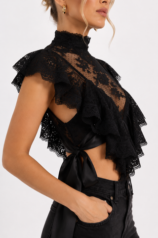 Lace Top black satin bow blouse