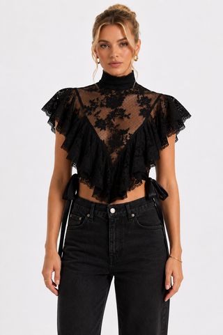 Black Ruffled Lace Top side bands