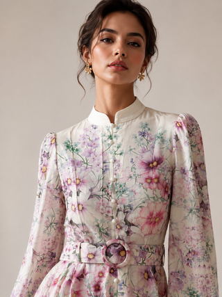 Romantic floral mini dress featuring a watercolor floral print in pink, lavender, lilac, and ivory tones, high neckline, long sleeves, matching waist belt, fit and flare silhouette, and flowing lightweight fabric, perfect for wedding guests, baby showers, bridal showers, garden parties, brunches, and elegant spring or summer occasions.