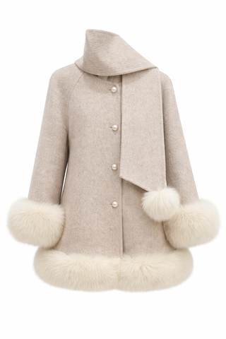 Beige coat with fur trim on a white background