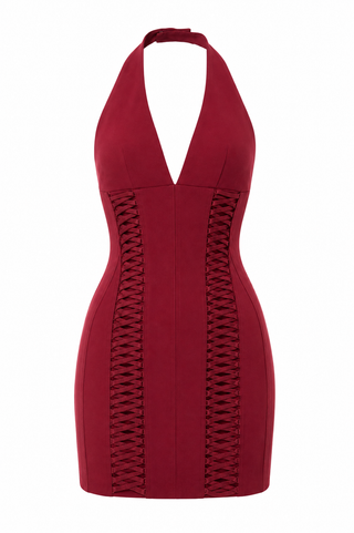 A sleeveless halter-neck bodycon dress in deep burgundy red, featuring vertical lace-up corset-style panels on the sides, shown against a plain white background.