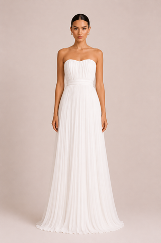 Bridal Maxi Dress with Cape White A line Elysia white convertible bridal gown featuring a strapless pleated wedding dress with removable flowing cape and hidden back zipper for modern brides and elegant wedding ceremonies
