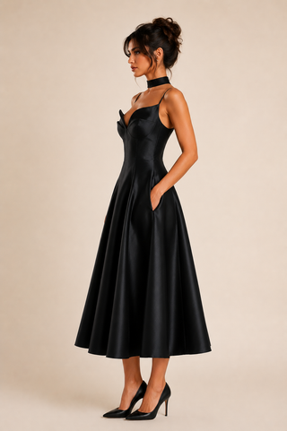 Woman wearing a black satin dress against a beige background