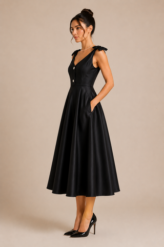 Black Midi Dress Taffeta Minimal Modest Royal Vintage 1950s dress style 