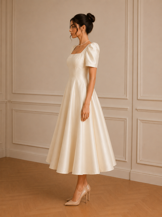 Woman wearing a white dress with puff sleeves against a beige wall. Bridal Minimal Midi Dress Vintage 1950s style