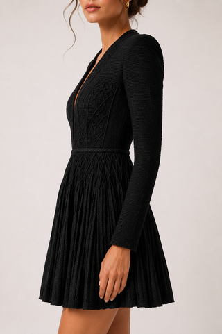 Black long-sleeve dress worn by a model on a light gray background