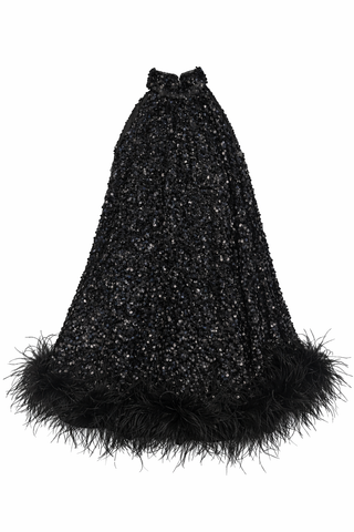 Black hat with feather trim on a white background