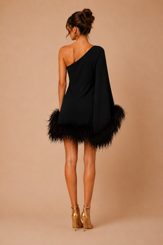 Woman wearing a black one-shoulder dress with feather details on a beige background