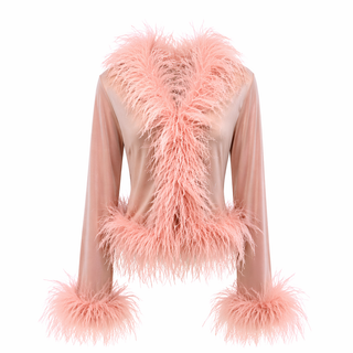 Pink feathered top on a white background