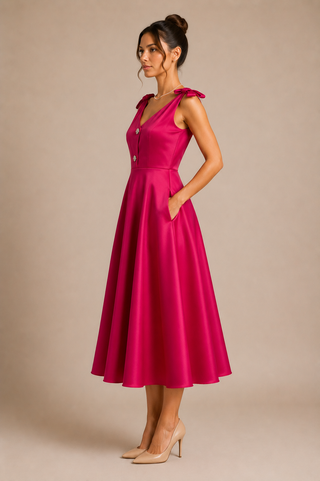 Woman wearing a pink dress with buttons on a beige background elegant midi dress taffeta vintage style minimal 