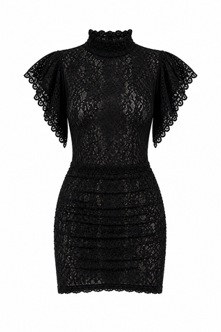 Black lace dress with ruffled sleeves on a white background