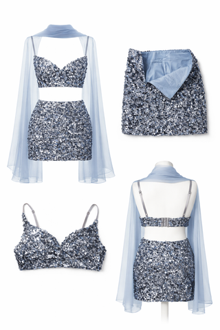Set Sequin Bralette Skirt Cape 