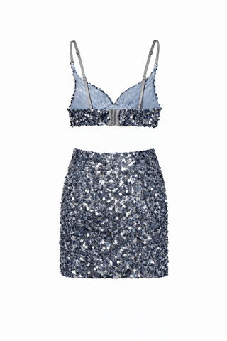 Sequin Blue Bralette Skirt Set  Two piece