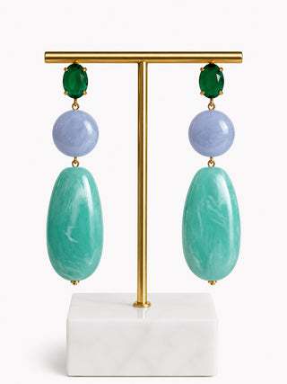 MAREA aqua turquoise and green resin statement drop earrings with faceted stone and copper details