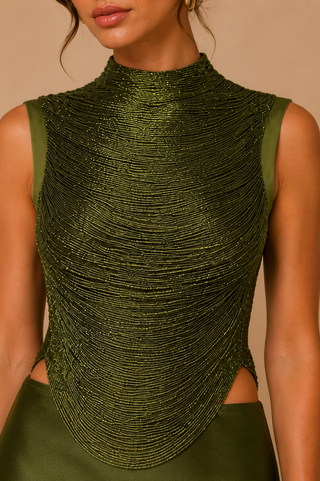 Olive green fringe top and satin maxi skirt set, elegant wedding guest outfit, formal occasionwear co-ord, cocktail party ensemble, luxury evening look. Taraji Beaded Top