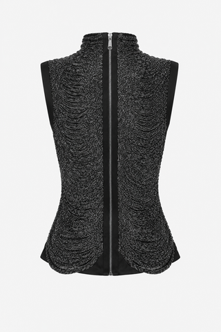Elegant black two-piece set featuring a ruched high-neck shimmer top and satin maxi skirt, modest wedding guest outfit, luxury eveningwear, formal occasion co-ord. Beaeded Top Fringe Taraji Cutl Gaia