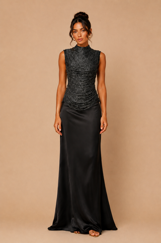 Elegant black two-piece set featuring a ruched high-neck shimmer top and satin maxi skirt, modest wedding guest outfit, luxury eveningwear, formal occasion co-ord. Taraji Beaded Top 
