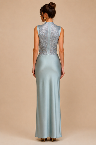 Dusty blue fringe top and satin maxi skirt set, elegant wedding guest outfit, cocktail occasionwear, formal summer event ensemble.