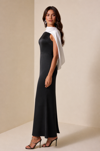 black midi dress with detachable white cape elegant cocktail prom wedding guest outfit