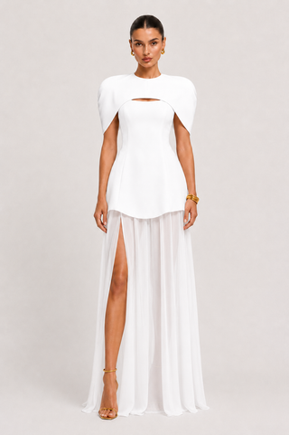 white dress with sheer cape White Cape Dress