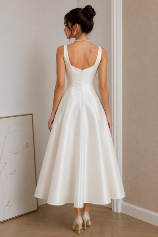 Woman wearing a white dress standing in a room with neutral walls.
