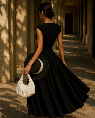 Woman in a black dress holding a white handbag and black hat in a sunlit hallway.