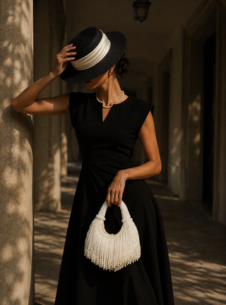 Woman in a black dress and hat holding a white beaded handbag in a sunlit alley.