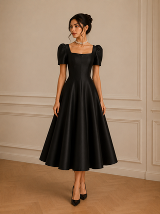 Woman wearing a black dress with puff sleeves in an elegant room. Vintage Midi 1950s elegant 