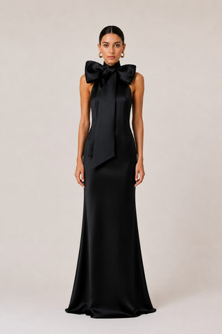 A woman modeling a floor-length black satin gown with a large bow at the halter neckline, photographed against a plain light beige studio background.