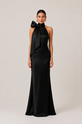 A woman modeling a floor-length black satin gown with a halter neckline and a large bow detail at the left shoulder, photographed against a plain light beige studio background.