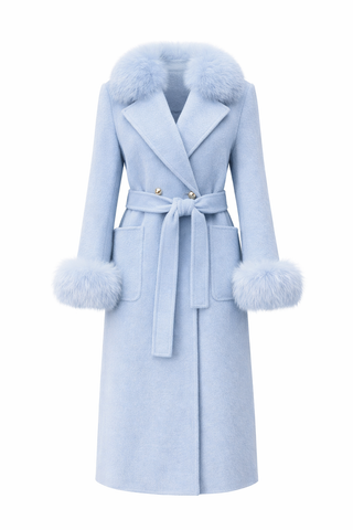 Light blue coat with fur trim on a white background