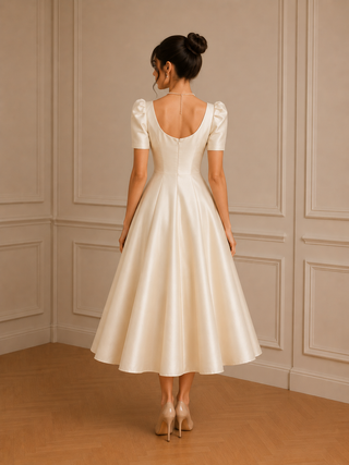 Woman wearing a white dress with puffed sleeves in a room with paneled walls.