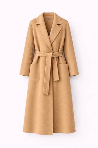 Tan overcoat with a belt on a white background