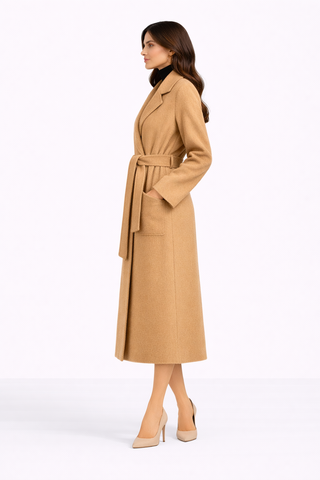 Woman wearing a beige trench coat on a white background